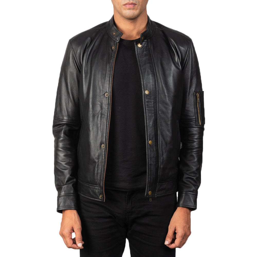 Men's Tea House Sort Læder Bikerjakke til Mænd in Black Sheepskin Leather - Front Profile View &amp; Tailored Silhouette | Buy Online