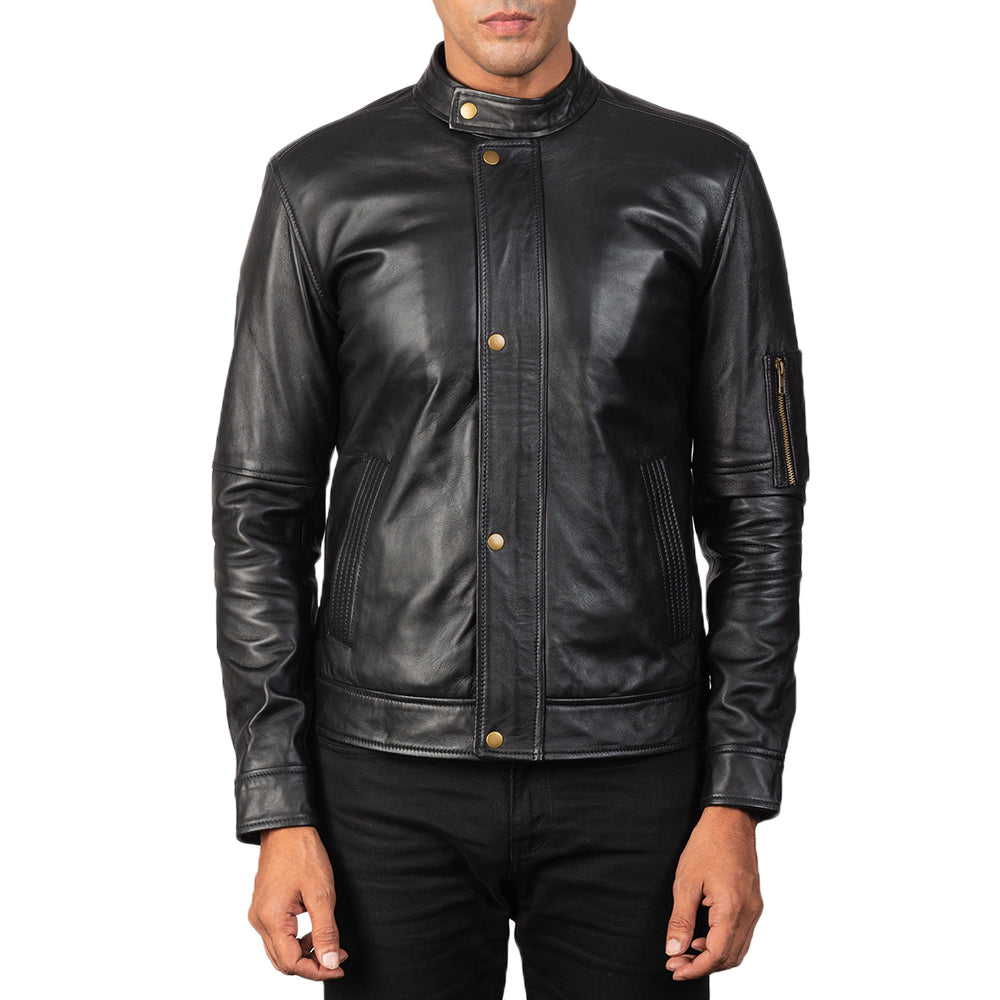 Men's Tea House Sort Læder Bikerjakke til Mænd - Lateral Side Profile View Showing Sleeve Cut &amp; Athletic Taper Fit
