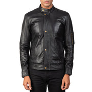 Men's Tea House Sort Læder Bikerjakke til Mænd - Lateral Side Profile View Showing Sleeve Cut &amp; Athletic Taper Fit
