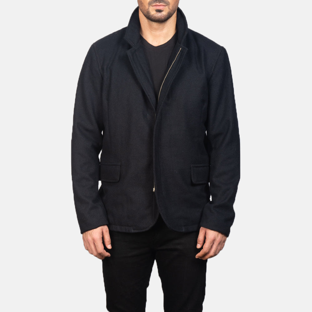 Close-Up Detail of Nehru &amp; Zipper with Dual Puller Hardware on Men's Thomas Sort Wool Læderjakke til Mænd