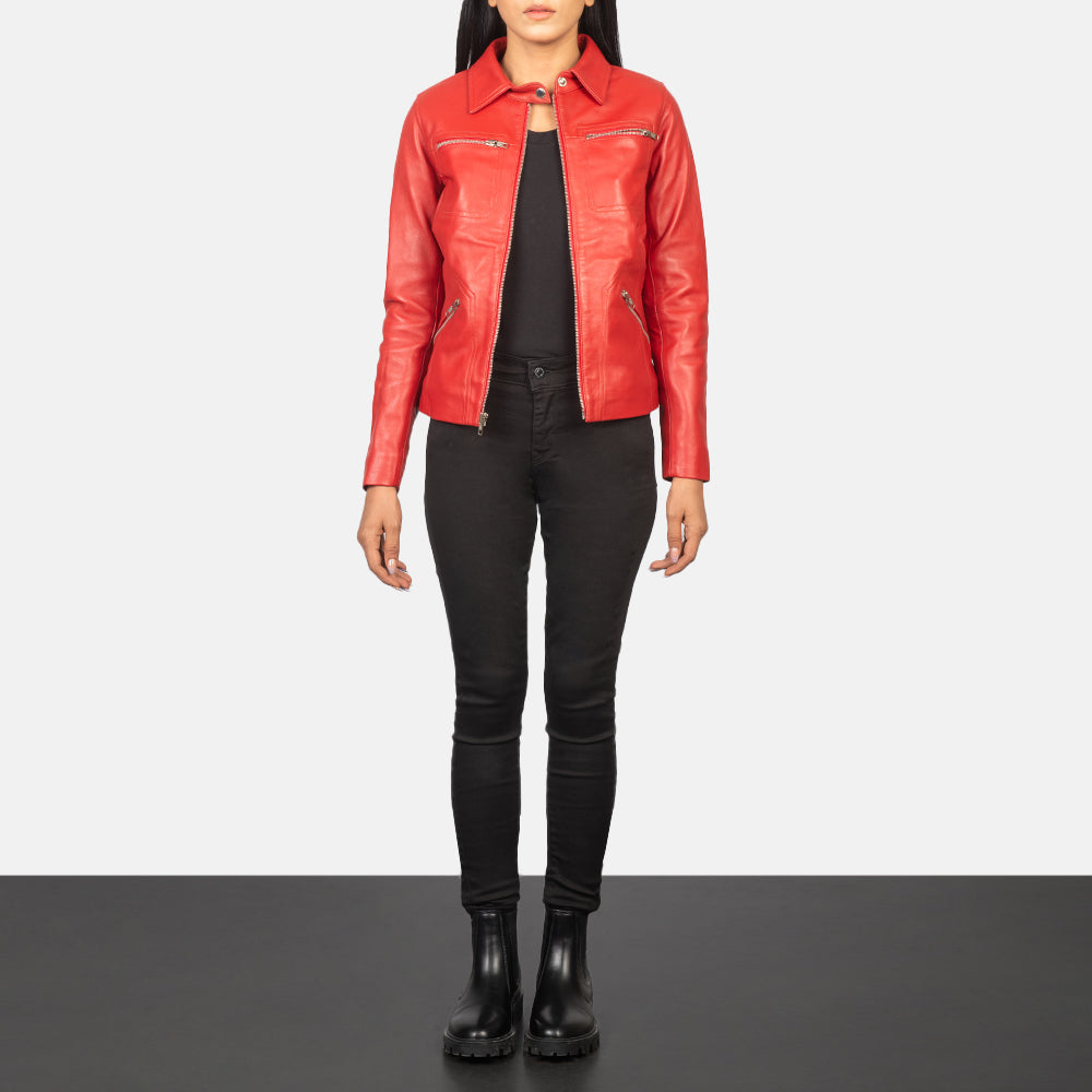 Women's Tomachi Red Leather Jacket - Lateral Side Profile View Showing Sleeve Cut &amp; Athletic Taper Fit