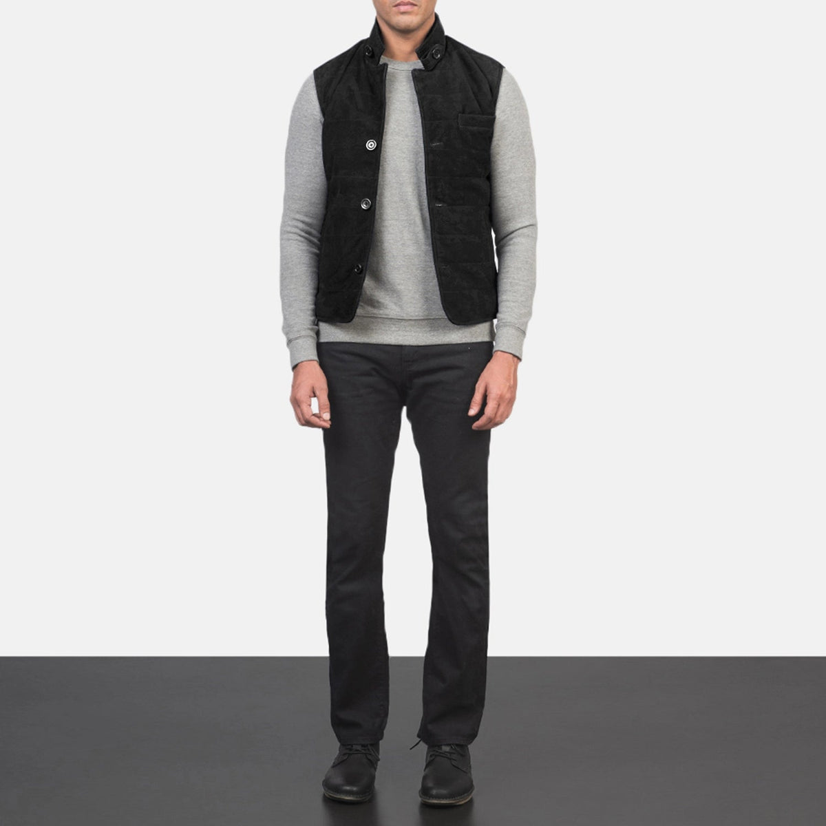 
Tony Sort Suede Vest til Mænd - Sideprofil med ergonomisk ærmesnit