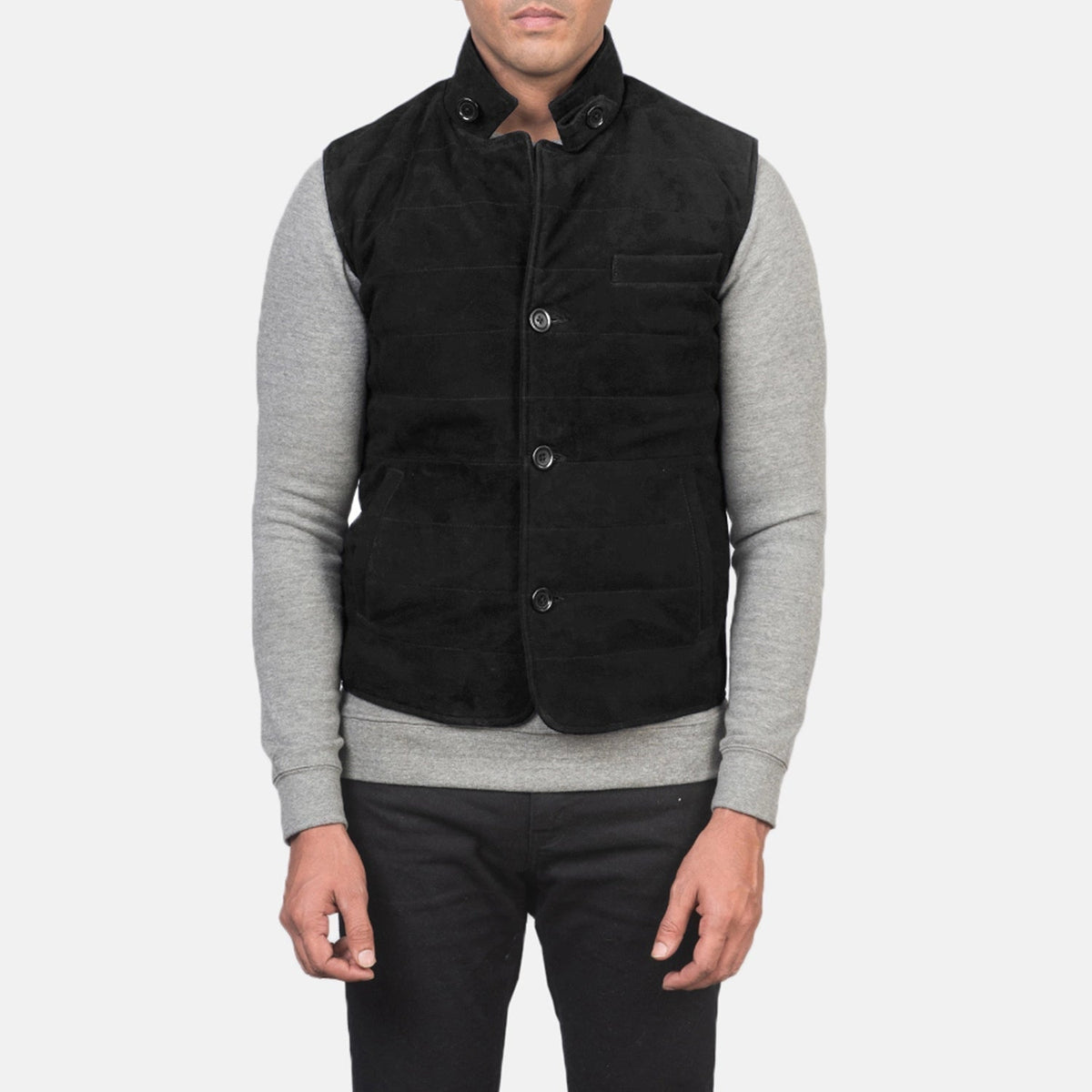 
Nærbillede of Notch with removable throat latch & Button Hardware on Tony Sort Suede Vest til Mænd