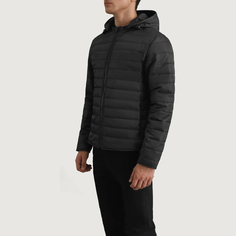 Tyler Sort Hooded Puffer Læderjakke til Mænd