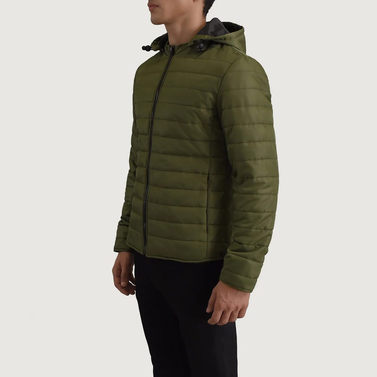 
Green Full-Grain Leather Hooded Jacket - Bagfra med tilpassede skuldre og ren kant