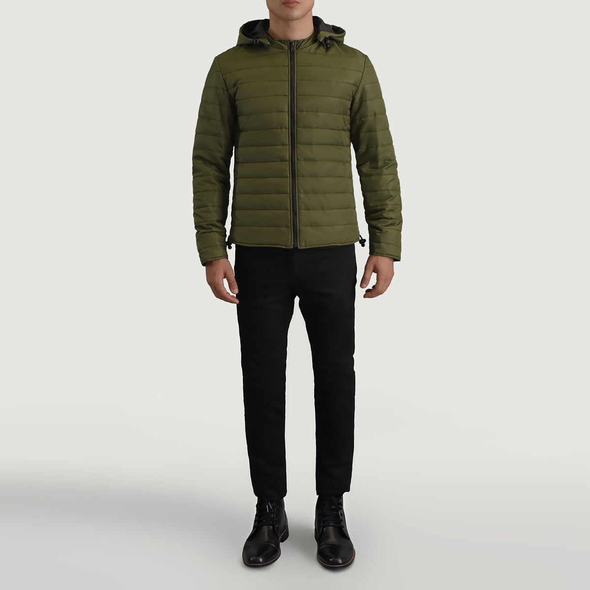 
Tyler Grøn Hooded Puffer Læderjakke til Mænd - Sideprofil med ergonomisk ærmesnit