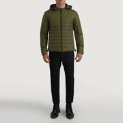 
Tyler Grøn Hooded Puffer Læderjakke til Mænd - Sideprofil med ergonomisk ærmesnit