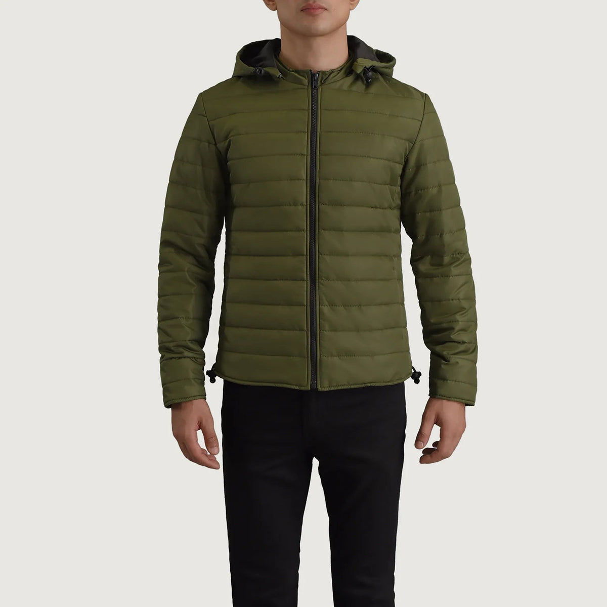 
Nærbillede of Classic Collar & Zipper Hardware on Tyler Grøn Hooded Puffer Læderjakke til Mænd