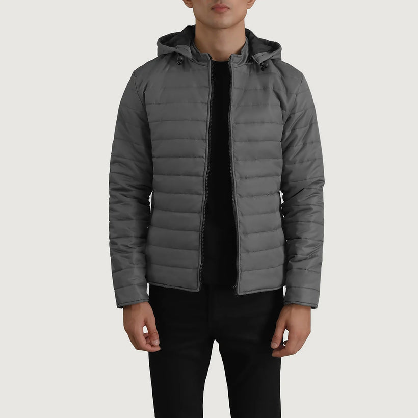 Tyler Grey Hooded Puffer Læderjakke til Mænd