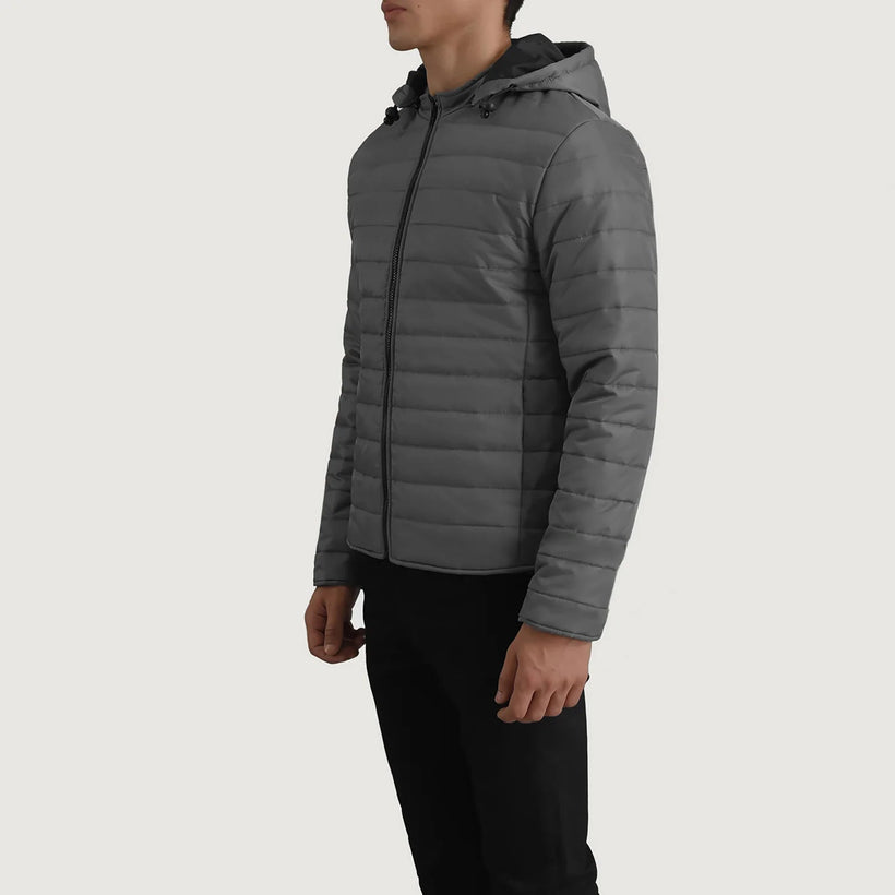 Tyler Grey Hooded Puffer Læderjakke til Mænd