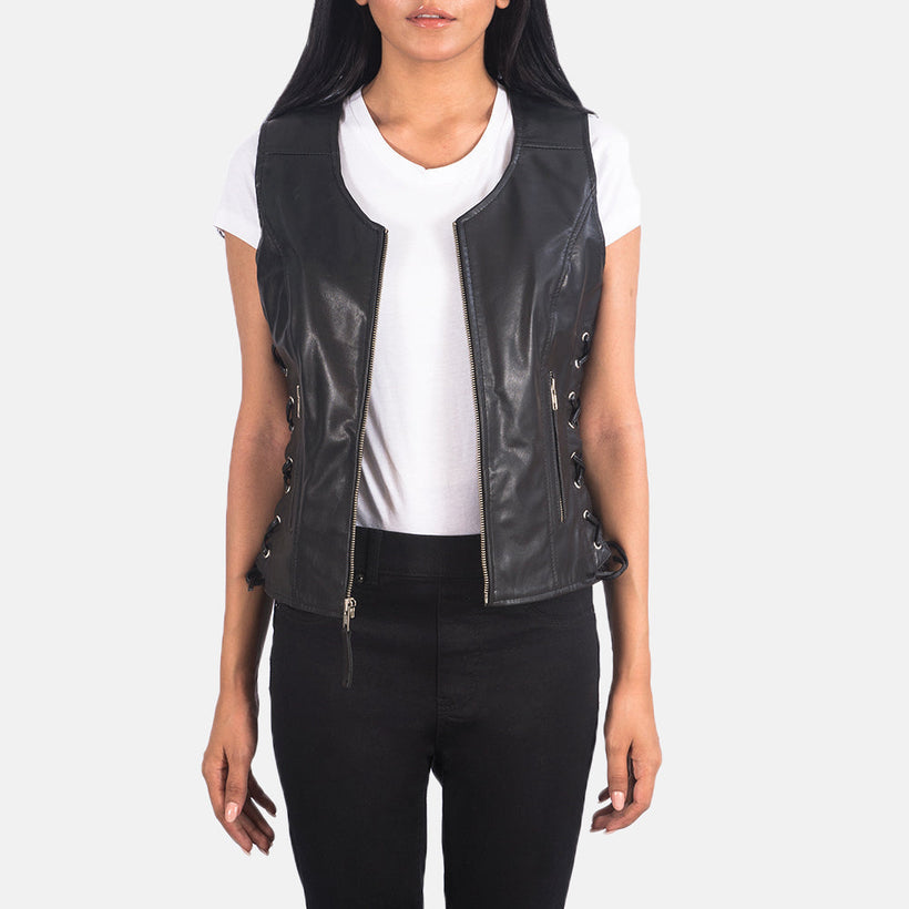 Vanda Sort Leather Biker Vest til Kvinder