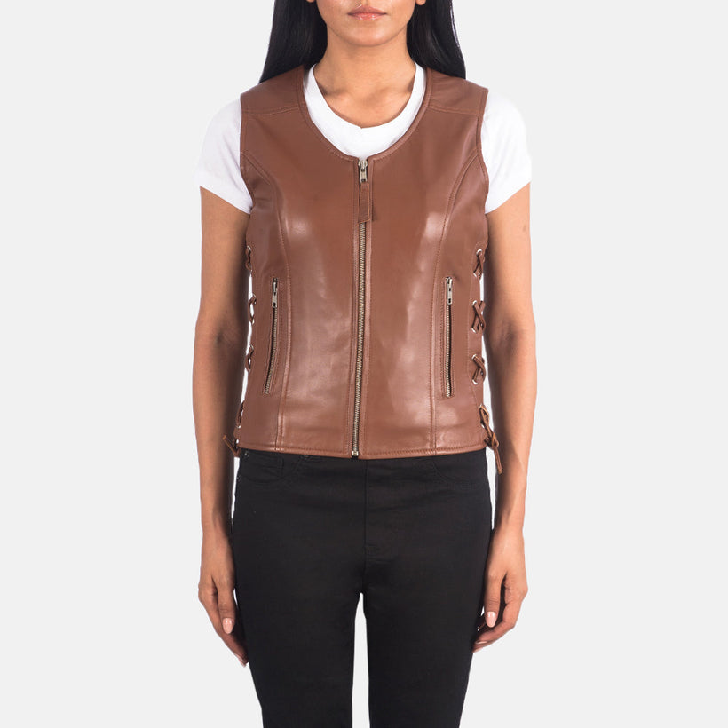 Vanda Brun Leather Biker Vest til Kvinder