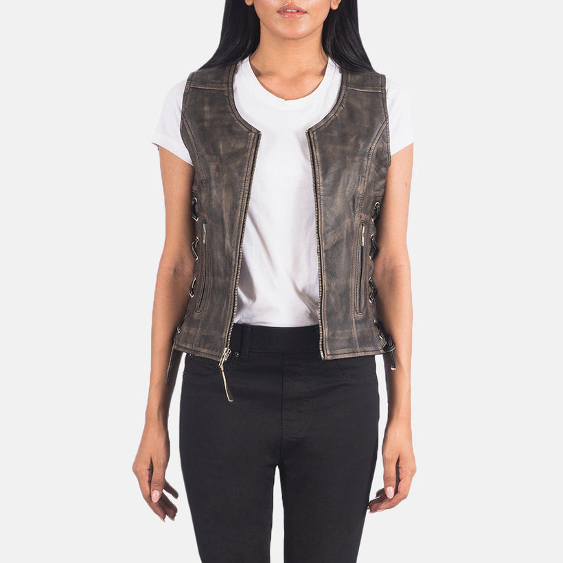 Vanda Distressed Brun Leather Biker Vest til Kvinder