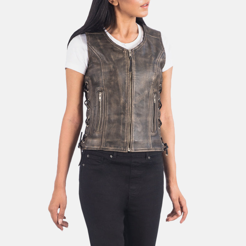 Vanda Distressed Brun Leather Biker Vest til Kvinder