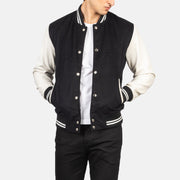 Men's Vaxton Sort &amp; White Hybrid Varsity Læderjakke til Mænd in Black &amp; White Sheepskin Leather - Front Profile View &amp; Tailored Silhouette | Buy Online