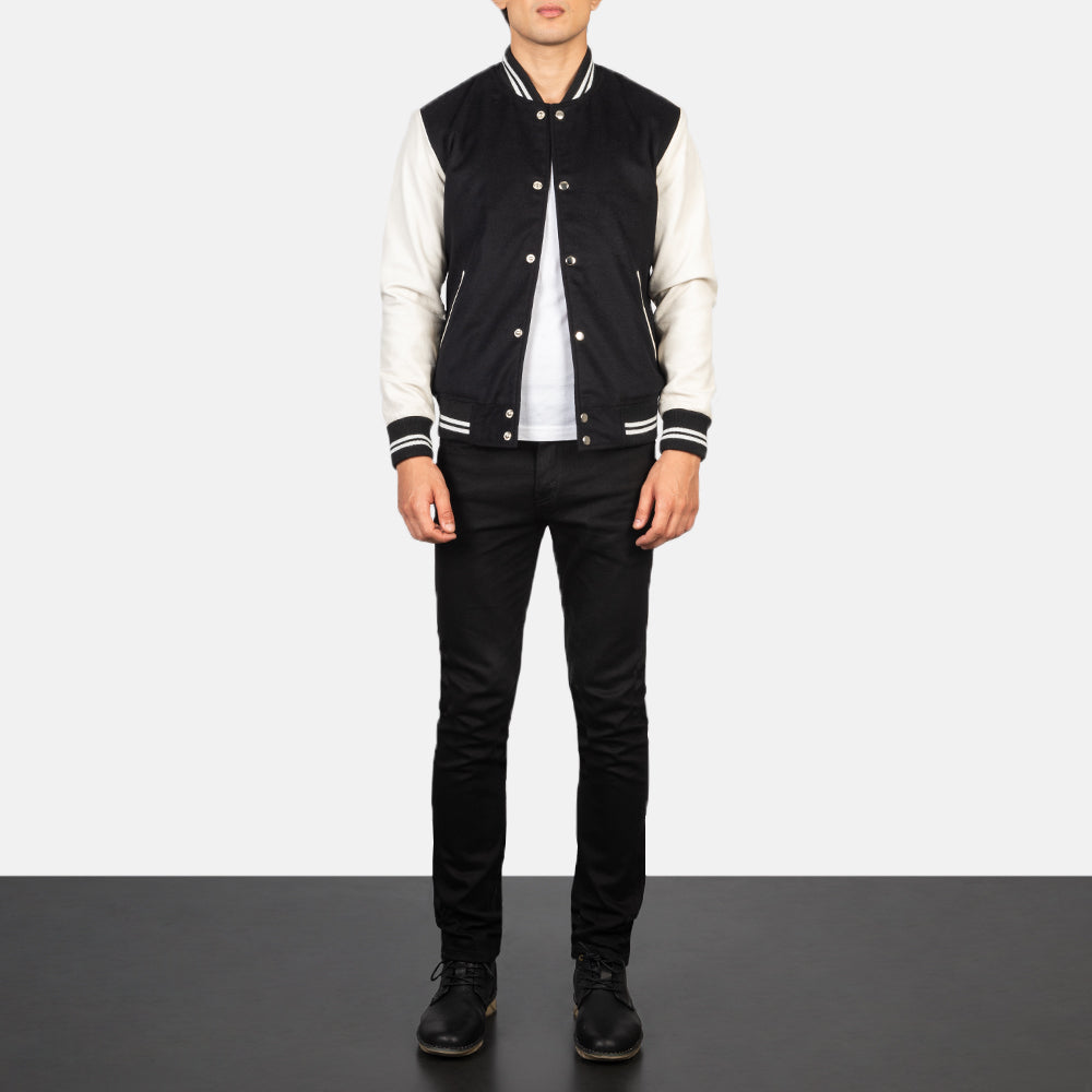 Men's Vaxton Sort &amp; White Hybrid Varsity Læderjakke til Mænd - Lateral Side Profile View Showing Sleeve Cut &amp; Athletic Taper Fit