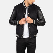 Men's Vaxton Sort Striped Hybrid Varsity Læderjakke til Mænd in Black Sheepskin Leather - Front Profile View &amp; Tailored Silhouette | Buy Online