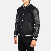 Black Sheepskin Leather Varsity Jacket - Back View Showing Tailored Shoulder Fit &amp; Clean Hemline