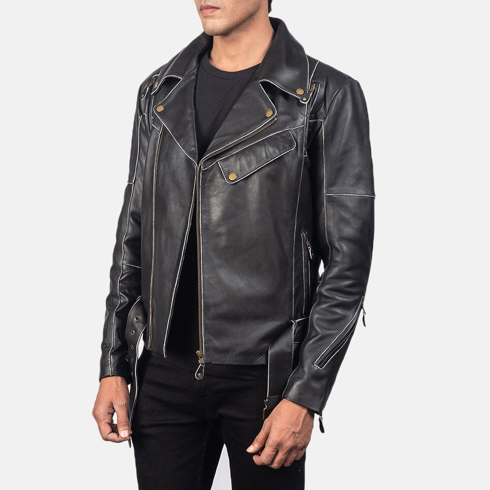 Distressed Vincent Sort Læder Bikerjakke til Mænd - Back View Showing Tailored Shoulder Fit &amp; Clean Hemline