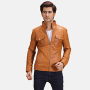Voltex Lys brun Læder Bikerjakke til Mænd in Tan Brown Sheepskin Leather - Front Profile View &amp; Tailored Silhouette | Buy Online