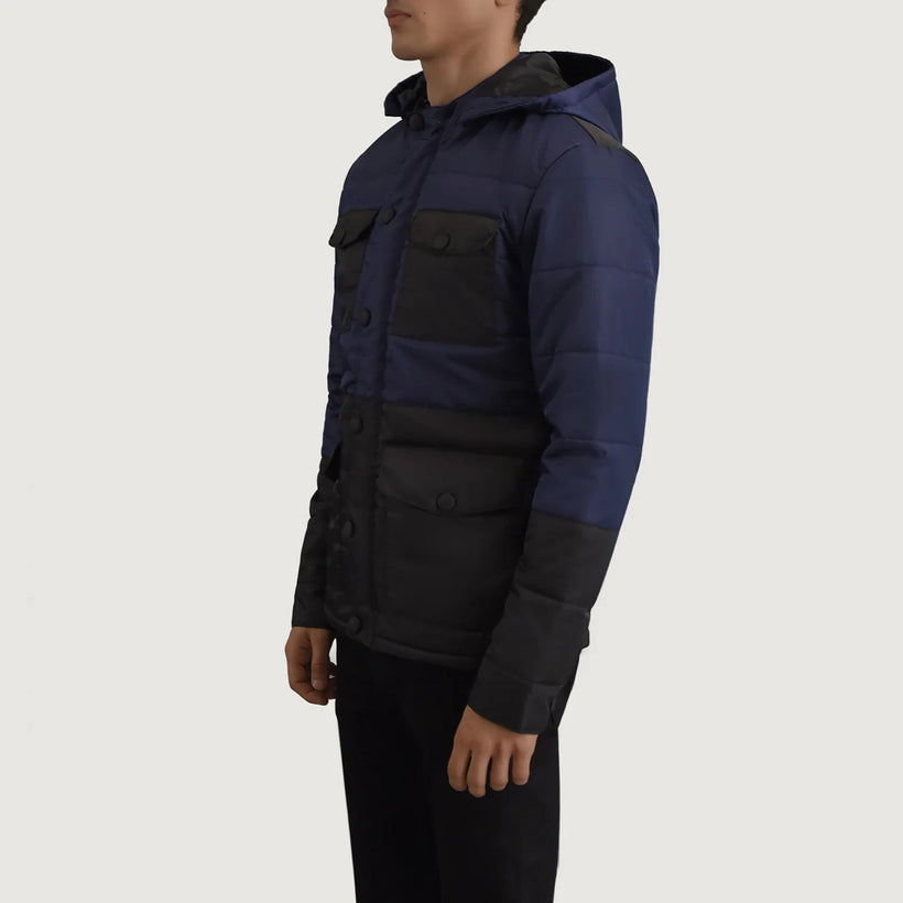 Wayne Sort & Blå Hooded Puffer Læderjakke til Mænd