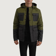 
Wayne Sort & Grøn Hooded Puffer Læderjakke til Mænd in Black + Green Full-Grain Leather - Forfra med skræddersyet silhuet | Køb online