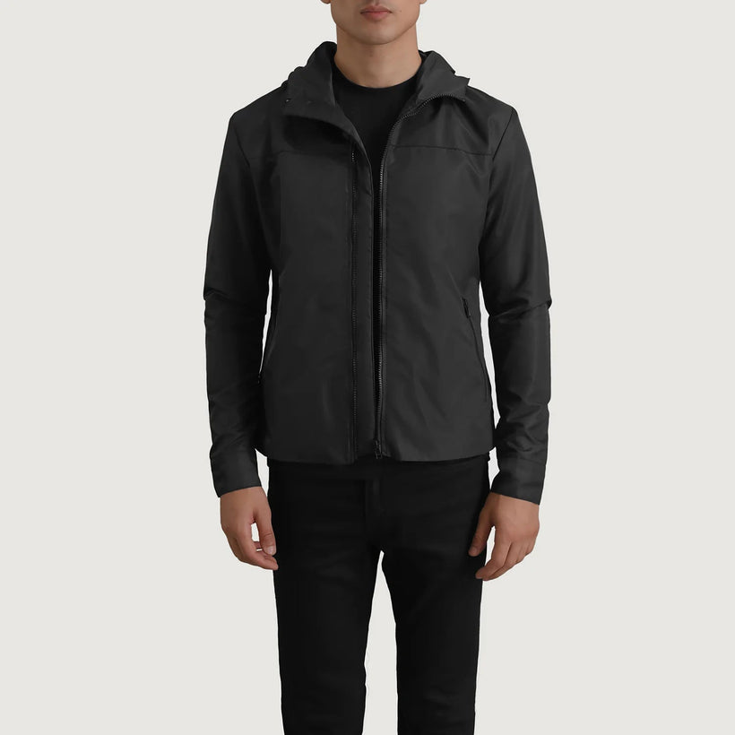Wesley Sort Hooded Windbreaker Læderjakke til Mænd