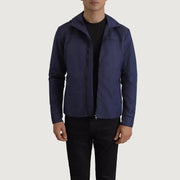 
Wesley Blå Hooded Windbreaker Læderjakke til Mænd in Blue Full-Grain Leather - Forfra med skræddersyet silhuet | Køb online