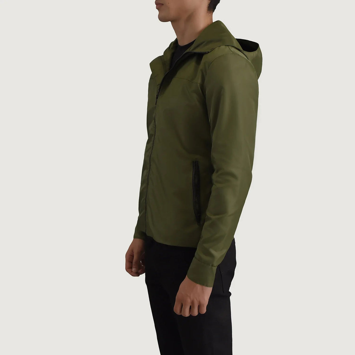 
Green Full-Grain Leather Hooded Jacket - Bagfra med tilpassede skuldre og ren kant