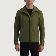 
Nærbillede of Classic Collar & Zipper With Inside Wind Flap. Hardware on Wesley Grøn Hooded Windbreaker Læderjakke til Mænd