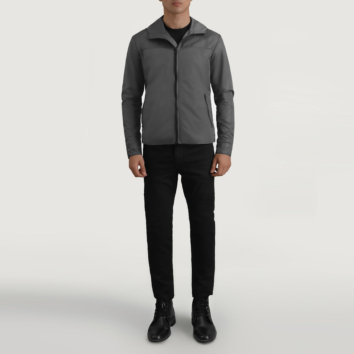 
Wesley Grey Hooded Windbreaker Læderjakke til Mænd - Sideprofil med ergonomisk ærmesnit