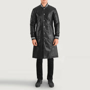 Wilde Sort Leather Varsity Coat til Mænd in Black Sheepskin Leather - Front Profile View &amp; Tailored Silhouette | Buy Online