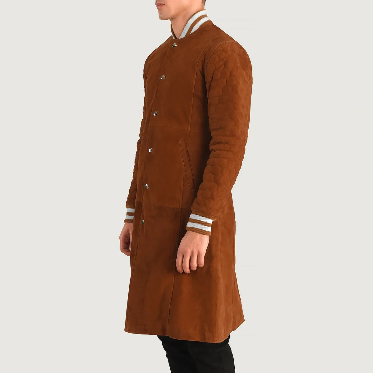 Tan Bown Goatskin Suede Varsity Jacket - Back View Showing Tailored Shoulder Fit &amp; Clean Hemline