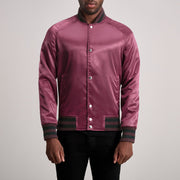 Xander Maroon Varsity Læderjakke til Mænd in Maroon Satin - Front Profile View &amp; Tailored Silhouette | Buy Online