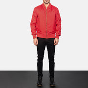 Men's Zack Red Læder Bomberjakke til Mænd - Lateral Side Profile View Showing Sleeve Cut &amp; Athletic Taper Fit