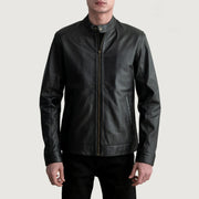 Zen Sort Læder Bikerjakke til Mænd in Black Sheepskin Leather - Front Profile View &amp; Tailored Silhouette | Buy Online
