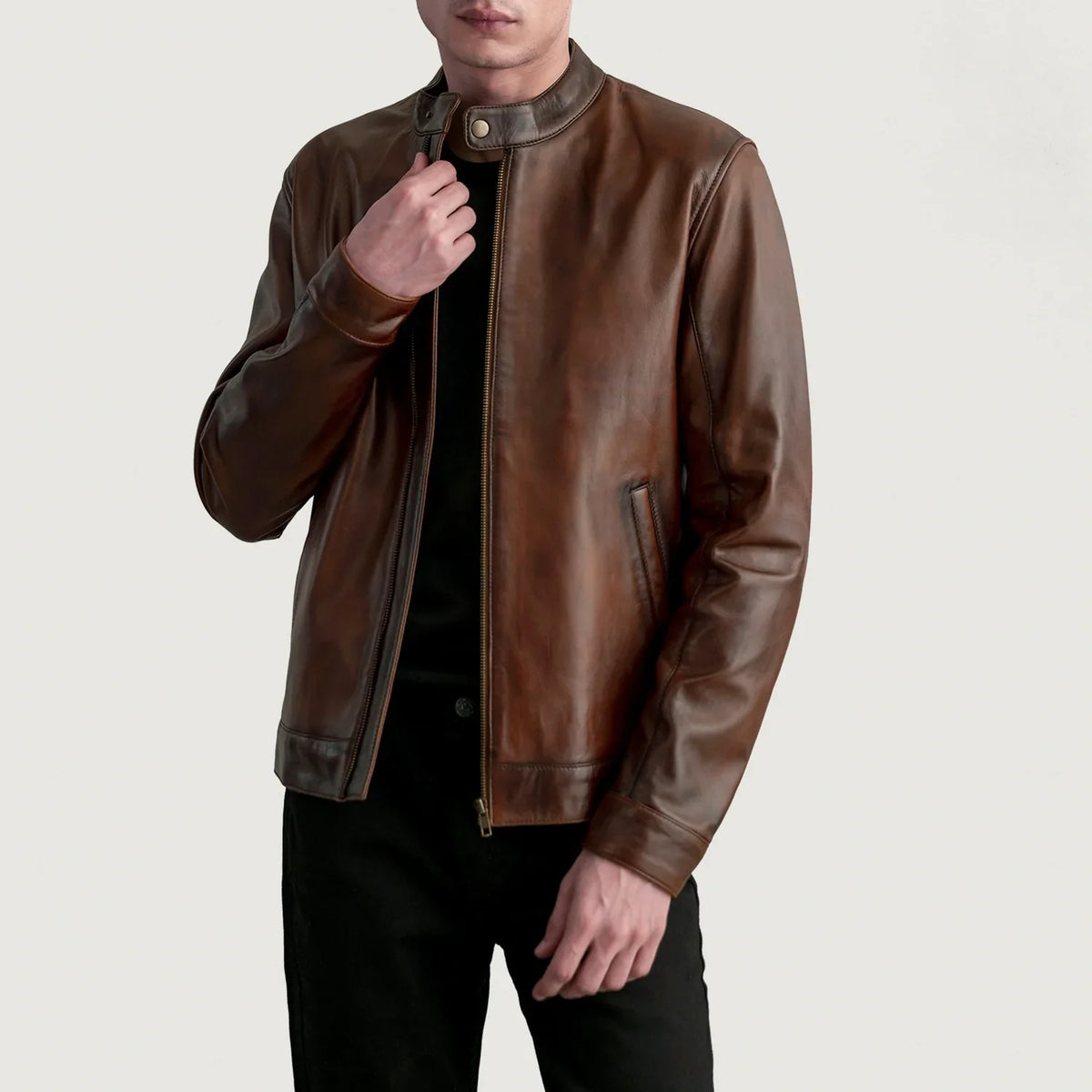 Zen Distressed Brun Læder Bikerjakke til Mænd in Distressed Brown Sheepskin Leather - Front Profile View &amp; Tailored Silhouette | Buy Online