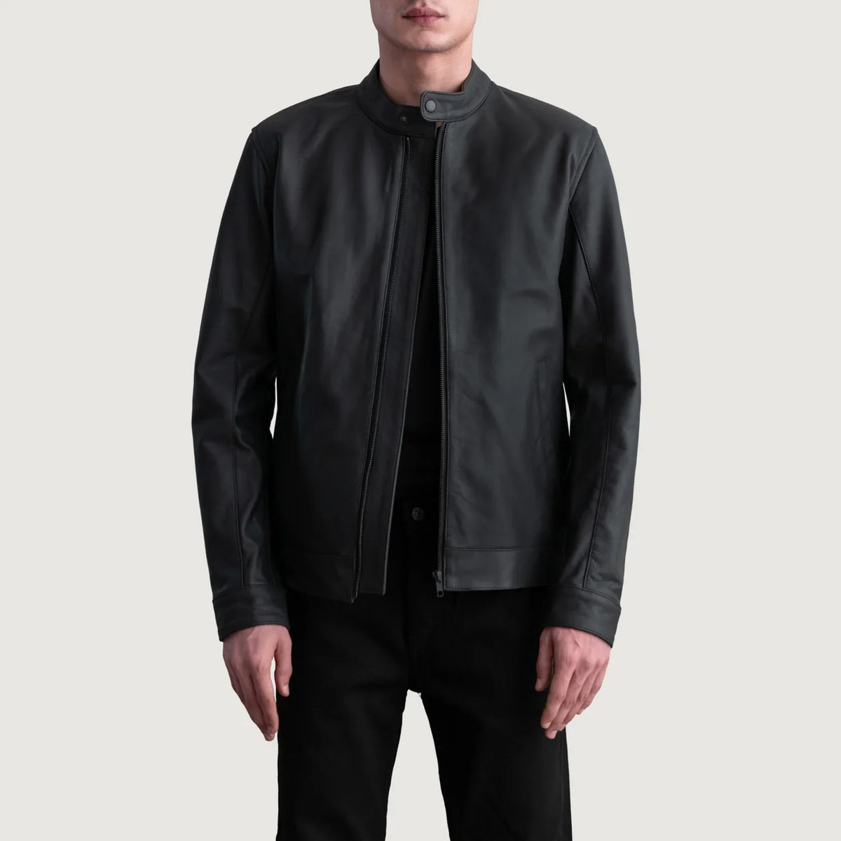 Zen Matte Sort Læder Bikerjakke til Mænd in Matte Black Cowhide Leather - Front Profile View &amp; Tailored Silhouette | Buy Online