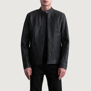 Zen Matte Sort Læder Bikerjakke til Mænd in Matte Black Cowhide Leather - Front Profile View &amp; Tailored Silhouette | Buy Online
