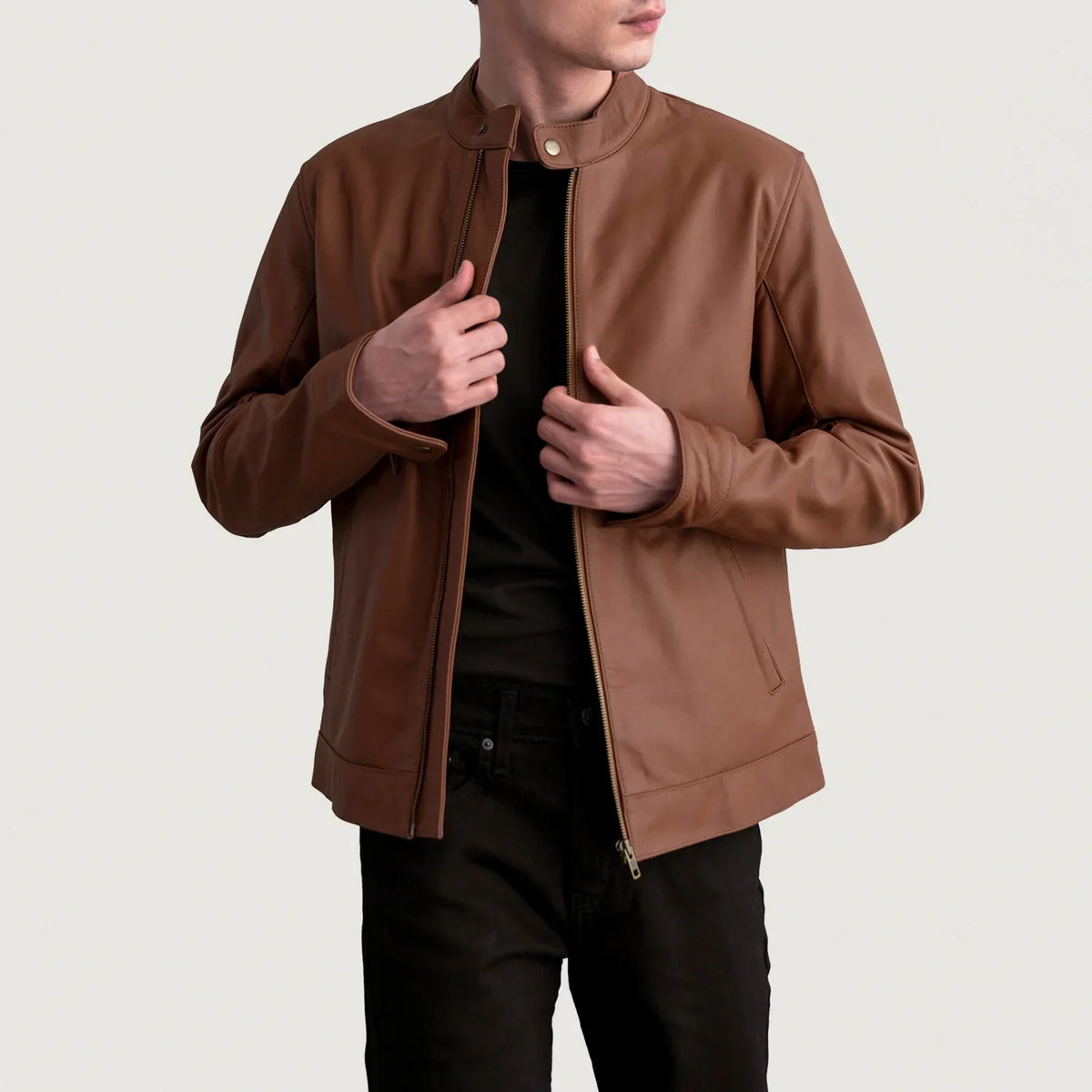 Zen Matte Brun Læder Bikerjakke til Mænd in Matte Brown Cowhide Leather - Front Profile View &amp; Tailored Silhouette | Buy Online