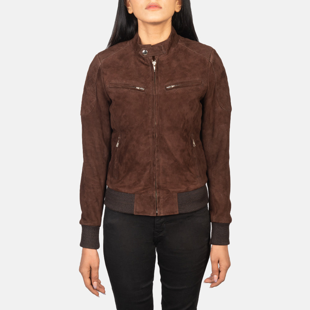 
Nærbillede of Band with Snap Button & Zipper Hardware on Zenna Mocha Suede Bomber Jacket